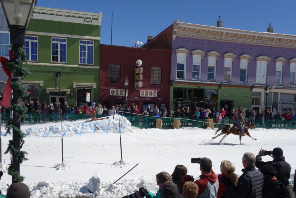 horse pulls skier over jump at skijoring event in leadville, colorado