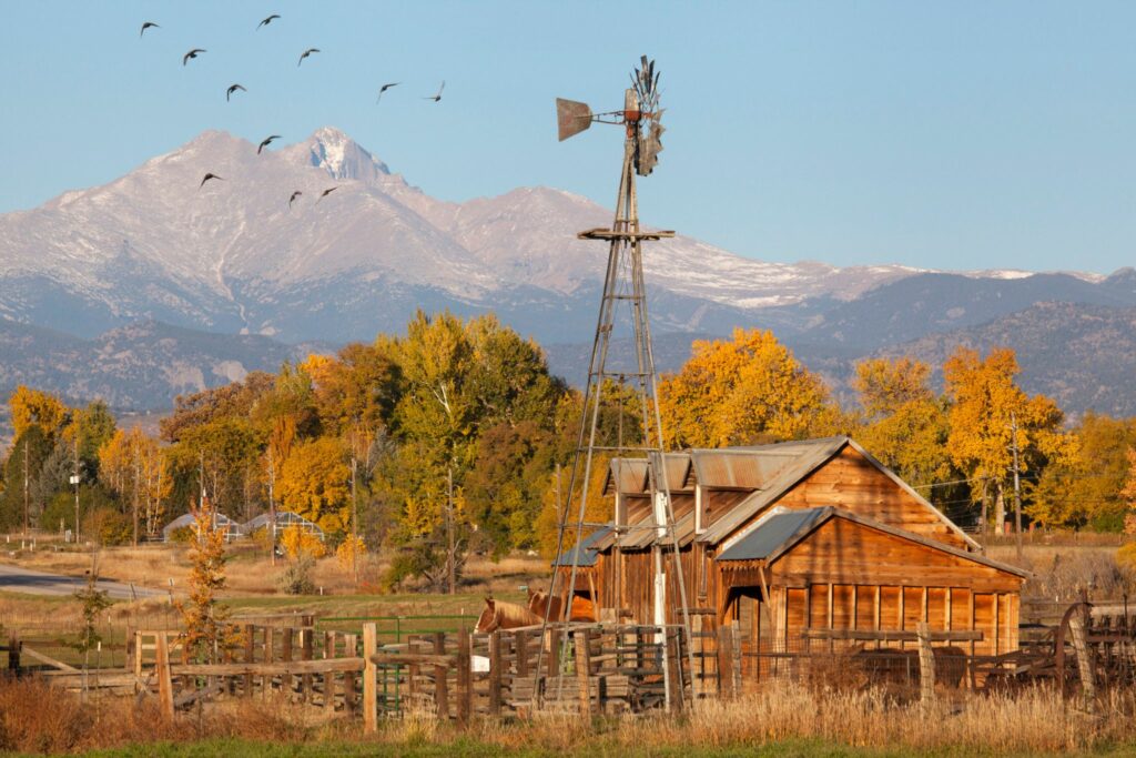 old farm with windmill and mountain backdrop
