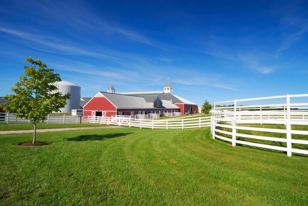 large horse farm with lush green pastures