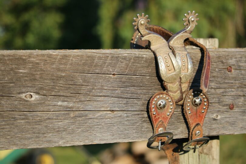 spurs rest on a wooden fence plank