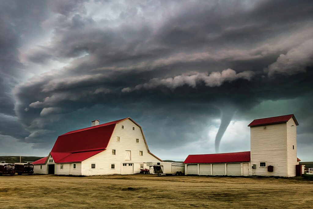 tornado viewable over red and white barn