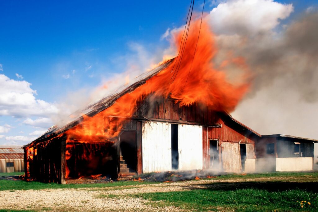 red barn on fire