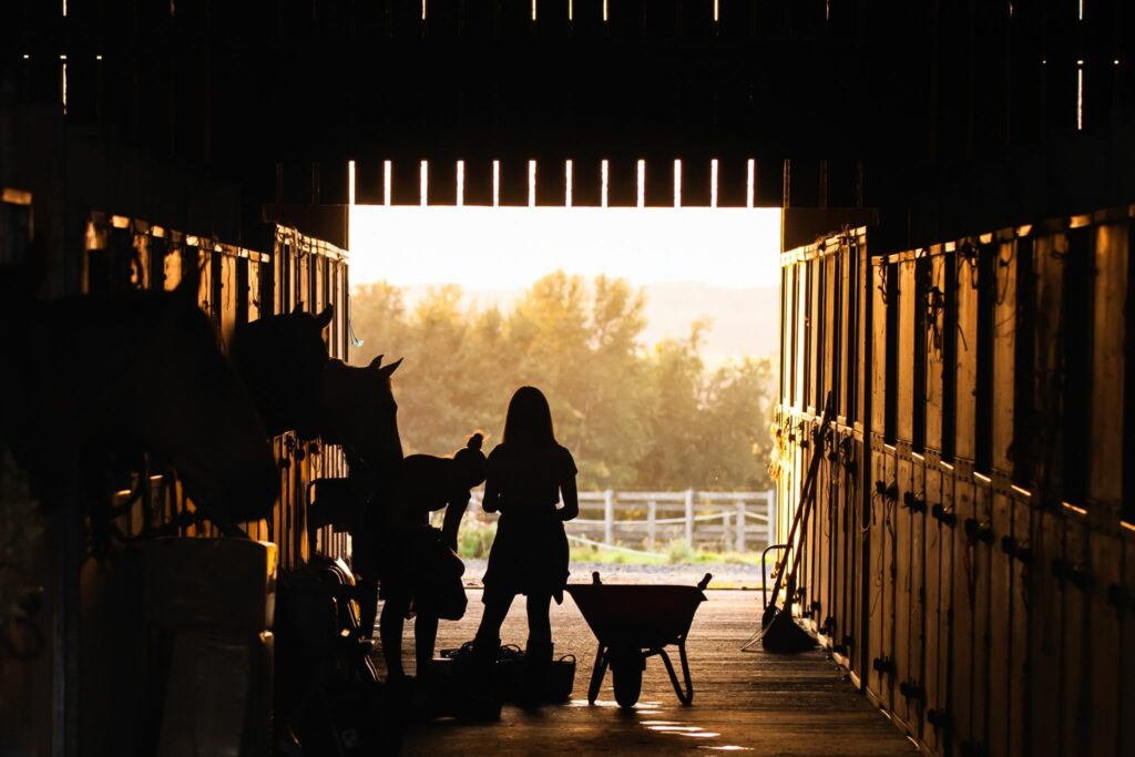 silhouette of a barn with girl, horse, and wheelbarrow