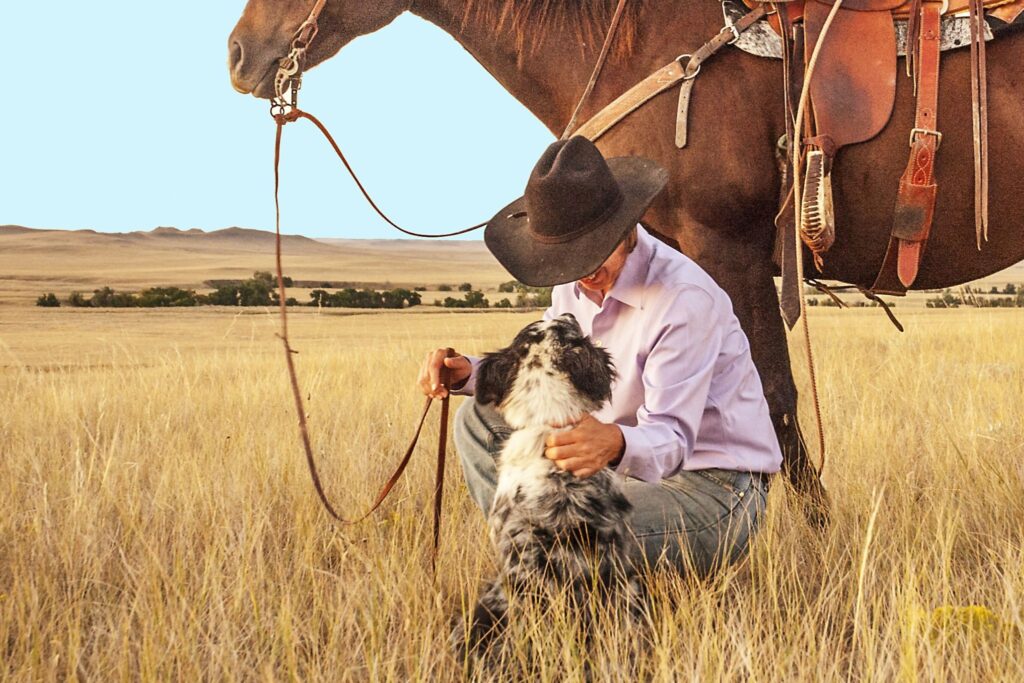 man wearing dirty cowboy hat with horse and dog