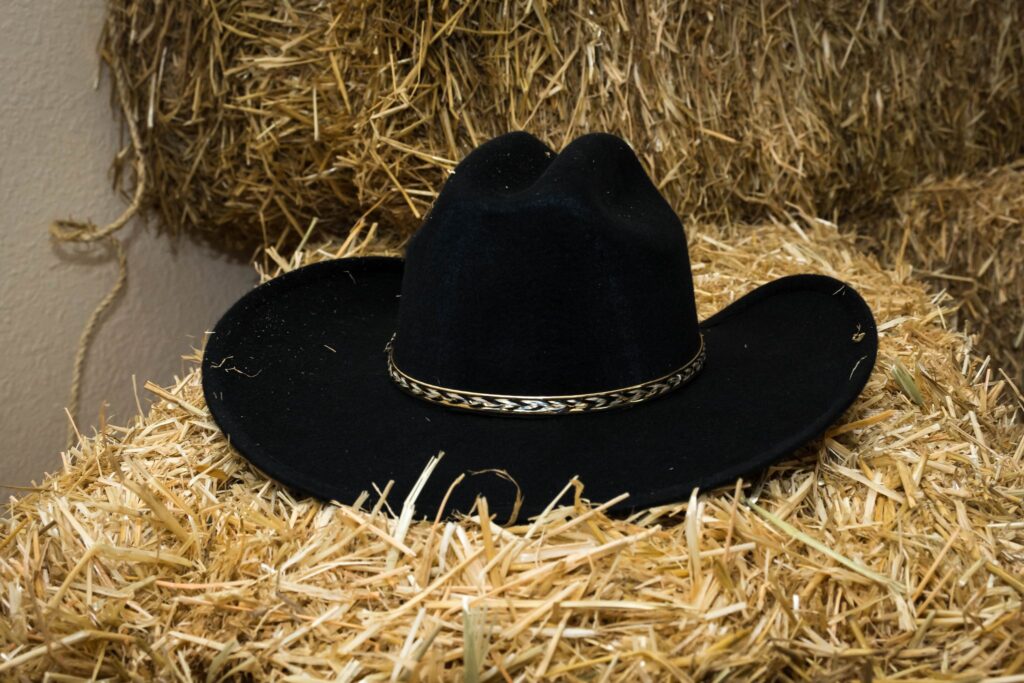 black cowboy hat on straw bale