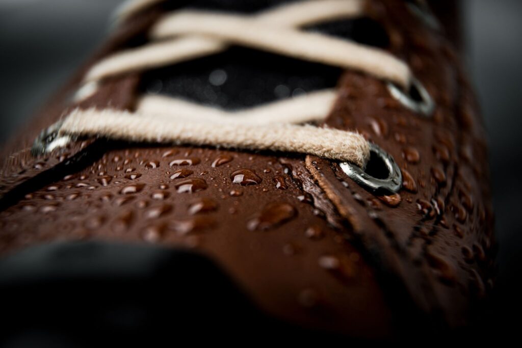 closeup of waterproof leather boots