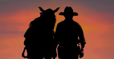 silhouette of cowboy and horse at sunset