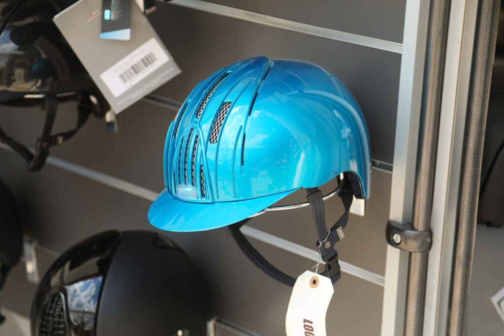 blue helmet on rack