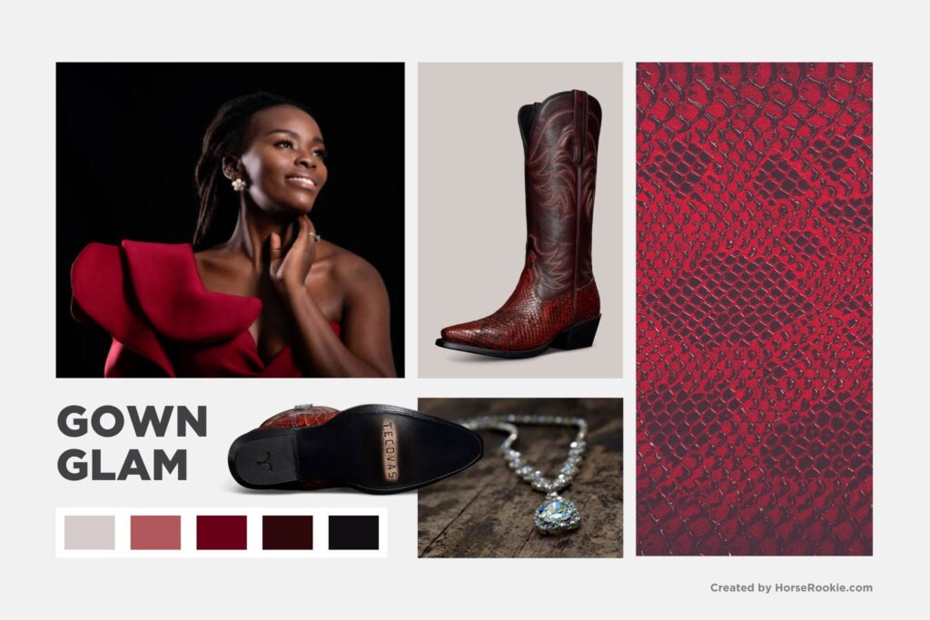 gown glam look with Tecovas cowboy boots
